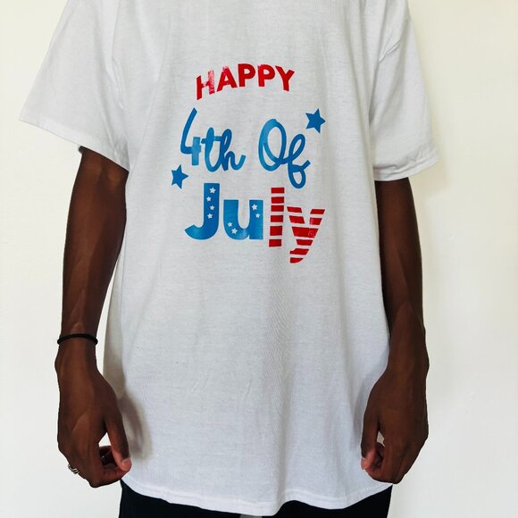 Happy 4th of July T-Shirt – Unisex White Tee with Red, White & Blue Design | Pat - Picture 1 of 2